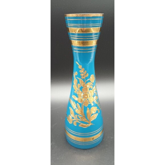 Vintage Blue And Gold Metal Engraved Bud Vase Made In India - Picture 1 of 7